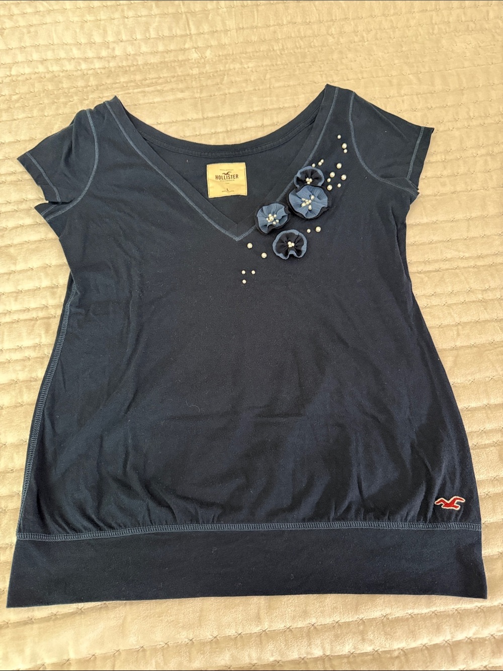 Hollister Navy V-Neck Tee with Floral Appliqués